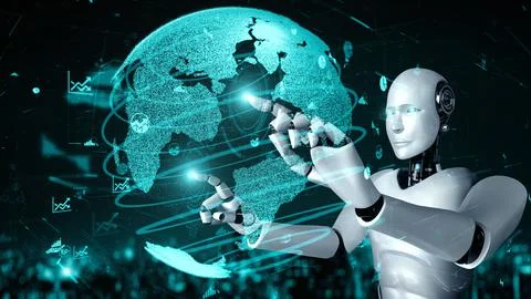 Future financial technology controll by AI robot huminoid uses machine learning Illustrazione stock