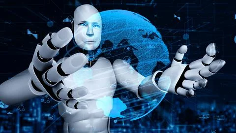 Future financial technology controll by AI robot huminoid uses machine learning Stock Illustration