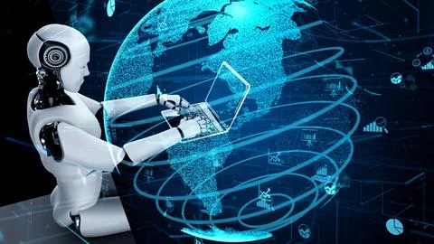 Future financial technology controll by AI robot huminoid uses machine learning Stock Illustration