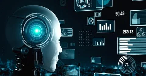 Future financial technology controll by AI robot huminoid uses machine learning Stock Illustration