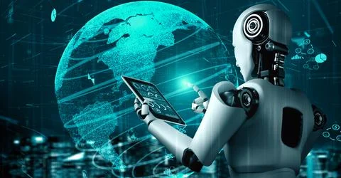 Future financial technology controll by AI robot huminoid uses machine learning Illustrazione stock