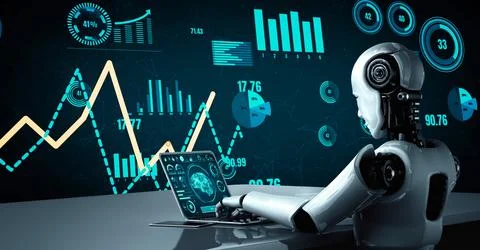 Future financial technology controll by AI robot huminoid uses machine learning Illustrazione stock