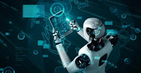 Future financial technology controll by AI robot huminoid uses machine learning Stock Illustration