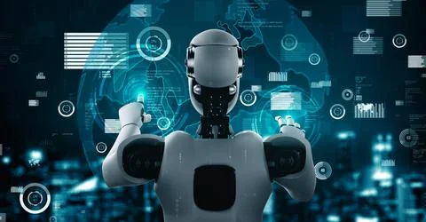 Future financial technology controll by AI robot huminoid uses machine learning Illustrazione stock