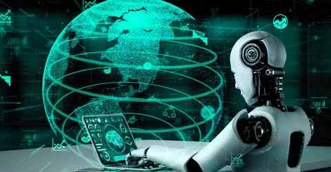 Future financial technology controll by AI robot huminoid uses machine learning Stock Illustration
