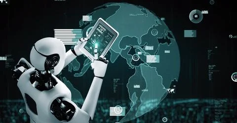 Future financial technology controll by AI robot huminoid uses machine learning Stock Illustration