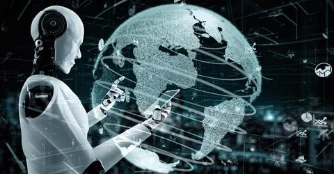 Future financial technology controll by AI robot huminoid uses machine learning Stock Illustration