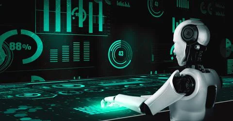 Future financial technology controll by AI robot huminoid uses machine learning Illustrazione stock