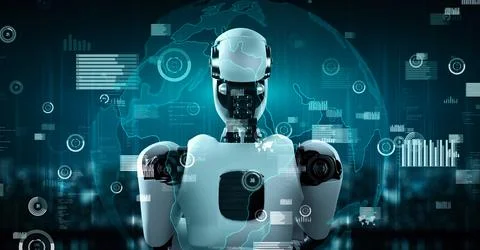 Future financial technology controll by AI robot huminoid uses machine learning Illustrazione stock