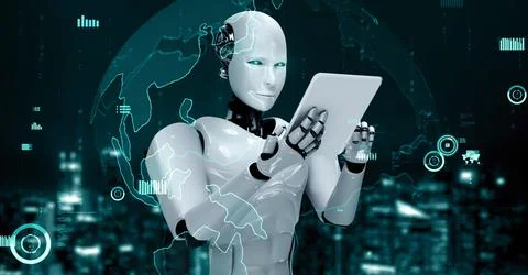Future financial technology controll by AI robot huminoid uses machine learning Stock Illustration