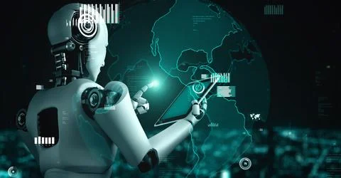 Future financial technology controll by AI robot huminoid uses machine learning Stock Illustration