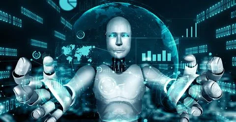 Future financial technology controll by AI robot huminoid uses machine learning Illustrazione stock