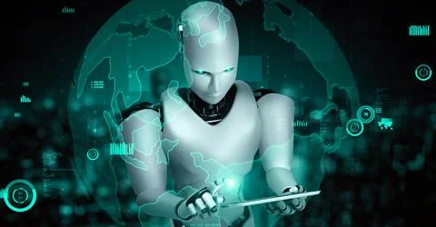 Future financial technology controll by AI robot huminoid uses machine learning Stock Illustration