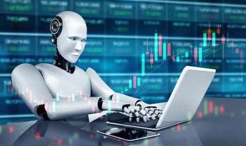Future financial technology controlled by AI robot using machine learning Illustrazione stock