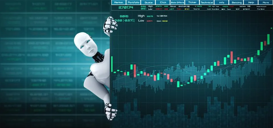 Future financial technology controlled by AI robot using machine learning Illustrazione stock