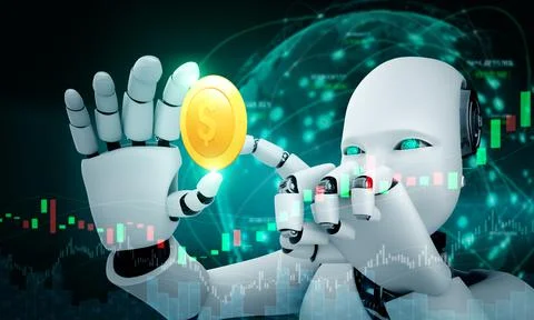 Future financial technology controlled by AI robot using machine learning Illustrazione stock