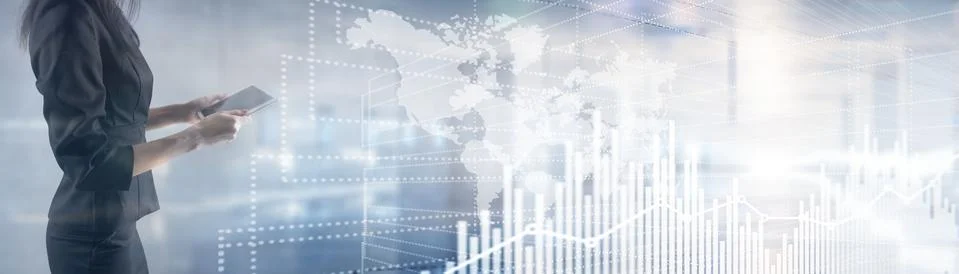 Future Financial Technology Interface. Graph Stock Market chart. World map on Foto stock