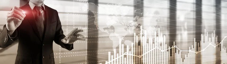 Future Financial Technology Interface. Graph Stock Market chart. World map on Foto stock