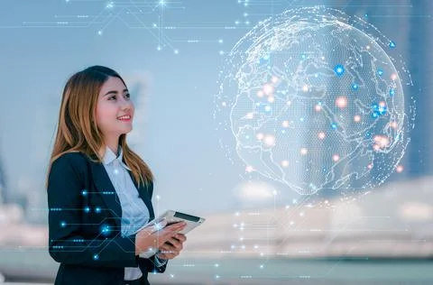 Future Global Communication Network Technology concept, Business woman holdin Stock Photos