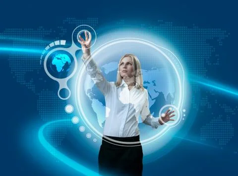 Future globe interface navigating by attractive blonde Stock Illustration