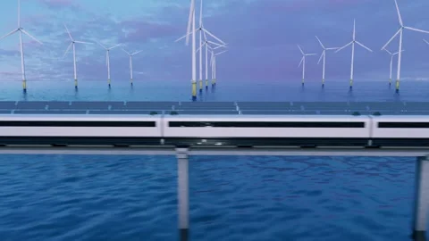 Future. A high-speed maglev train rides along solar panels and wind farms. Stock Footage 250226677