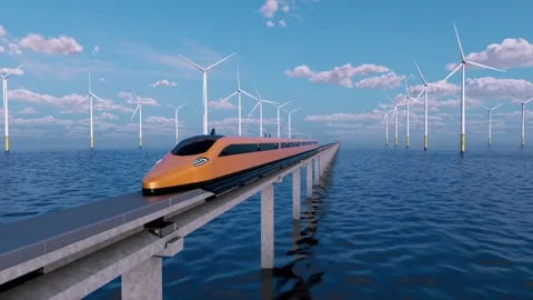 Future. High-speed maglev train. The train's path passes among wind farms. Stock Footage 250235108