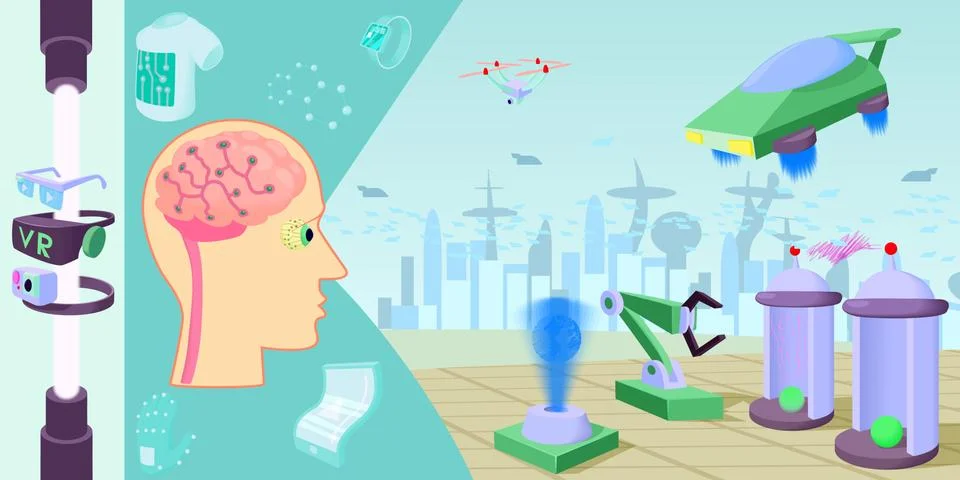 Future high-tech horizontal banner, cartoon style Stock Illustration