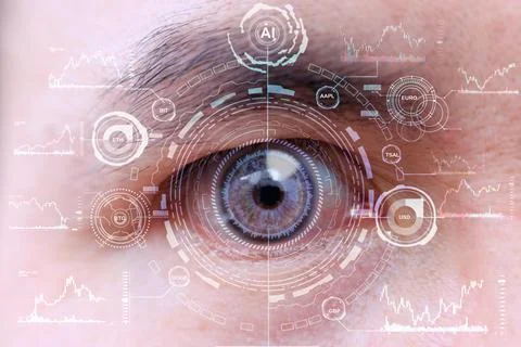 Future human with cyber technology eye panel concept Stock Photos