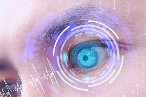 Future human with cyber technology eye panel concept Stock Photos