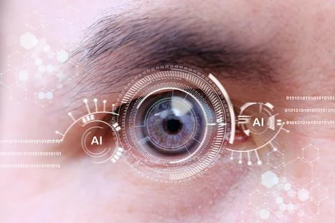 Future human with cyber technology eye panel concept Stock Photos