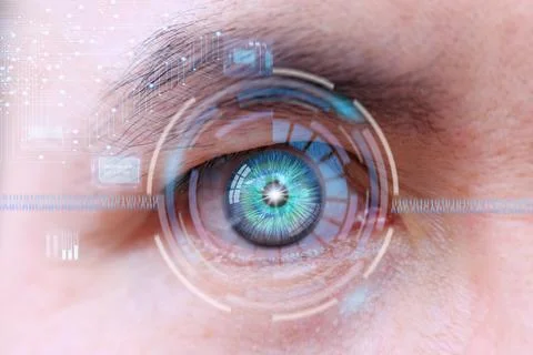 Future human with cyber technology eye panel concept Stock Photos