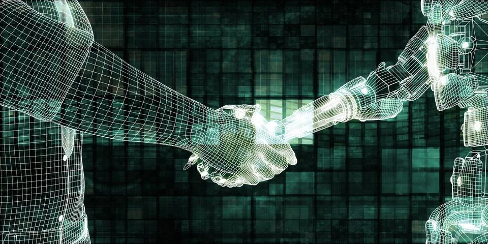 Future Intelligence Merged With Human Robotic Handshake 스톡 일러스트