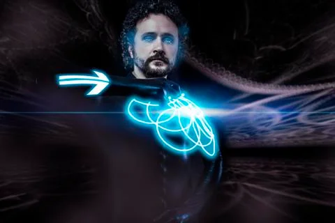 Future man, science fiction image, warrior with neon shield Stock Illustration