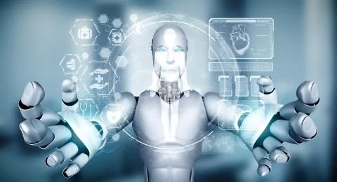 Future medical technology controlled by AI robot using machine learning Illustrazione stock