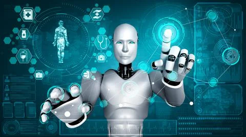 Future medical technology controlled by AI robot using machine learning Illustrazione stock