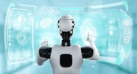 Future medical technology controlled by AI robot using machine learning Illustrazione stock