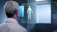 Future Medical Technology Doctor Looking At Virtual Touchscreen Display Hologram Stock Footage