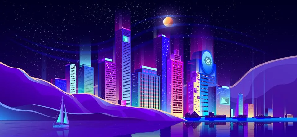 Future metropolis on ocean shore vector background Stock-Illustration