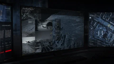 Future military panel is analyzing the geographical position of the target Stock Footage 270212359