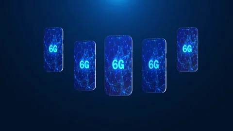 Future mobile wireless network visual blue connected phone screens, cyan sixth g Stock Footage 340567387