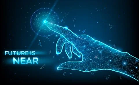 Future is near low poly hand wireframe. Vector polygonal image in form of starry Stock Illustration