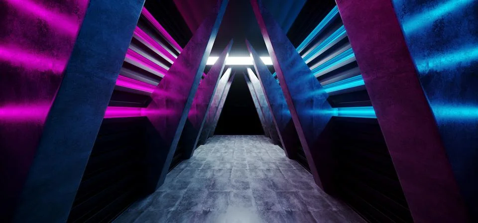 Future Neon Glowing Vibrant Sci Fi Futuristic Corridor Tunnel Purple Blue Pin Stock Illustration