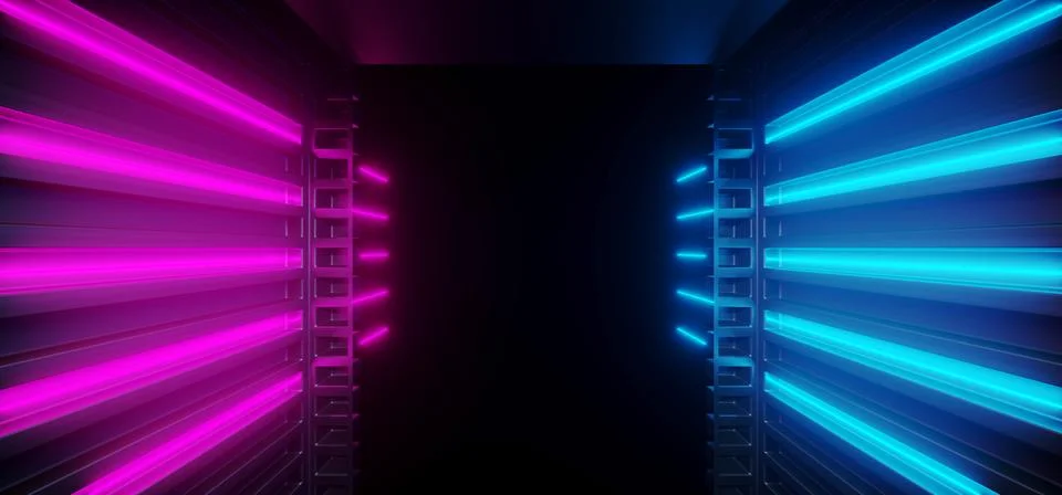 Future Neon Glowing Vibrant Sci Fi Futuristic Corridor Tunnel Purple Blue Pin Stock Illustration