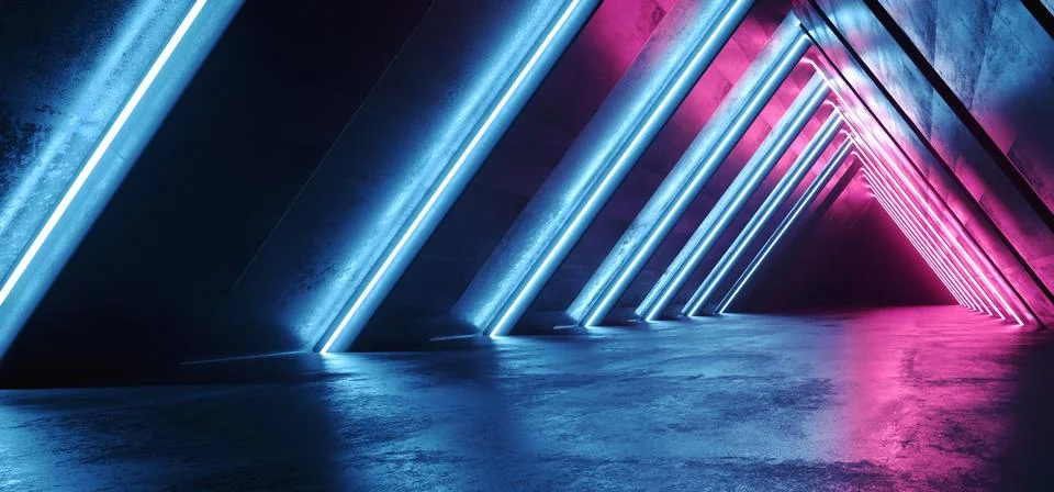 Future Neon Lights Triangle Sci Fi Retro Glowing Purple Blue Tunnel Corridor  스톡 일러스트