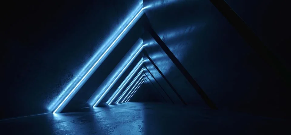 Future Neon Lights Triangle Sci Fi Retro Glowing Purple Blue Tunnel Corridor  Stock Illustration