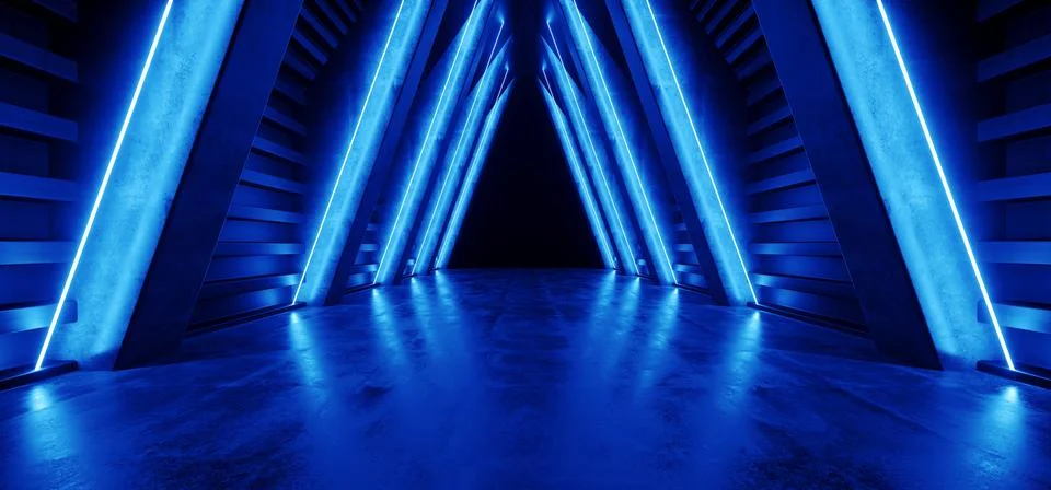 Future Neon Sci Fi Blue Triangle Shaped Spaceship Concrete Grunge Virtual Rea Stock Illustration
