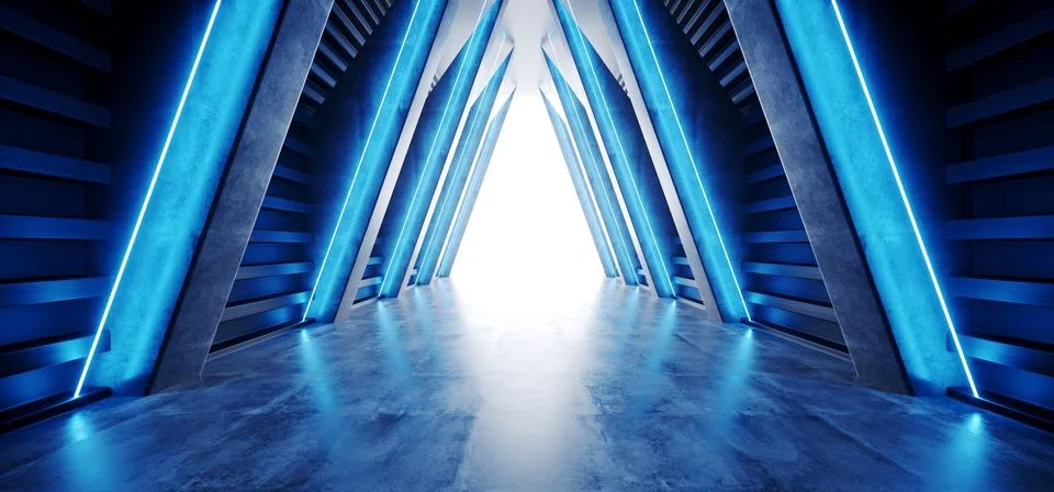Future Neon Sci Fi Blue Triangle Shaped Spaceship Concrete Grunge Virtual Rea Stock Illustration