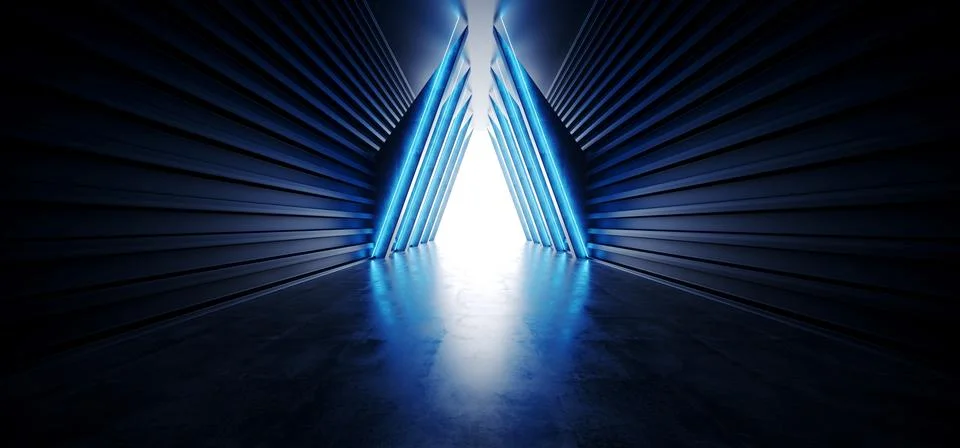 Future Neon Sci Fi Blue Triangle Shaped Spaceship Concrete Grunge Virtual Rea Illustrazione stock