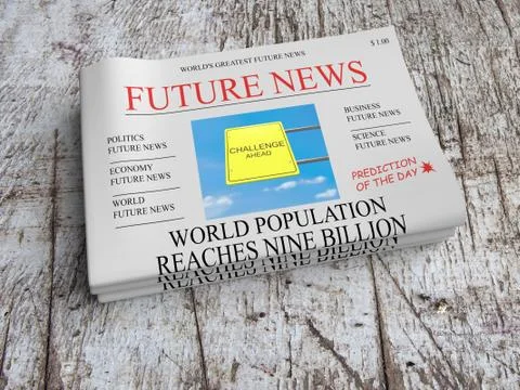 Future Newspaper Concept: World Population Reaches Nine Billion, 3d illustration Stock Illustration
