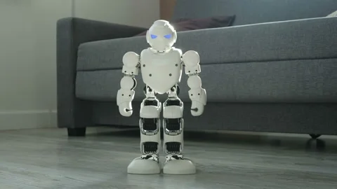 Future is now. Young robot does yoga on a sunny day. Stock Footage 86766133